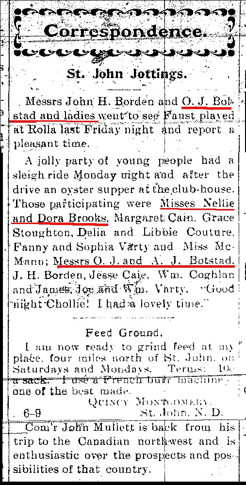 Nellie and Dora Brooks with  Oscar and Anton Bolstad attend play in Rolla 1903 